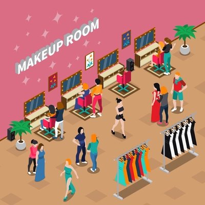 Makeup room fashion industry with models and stylists clothing on racks and interior elements isometric vector illustration