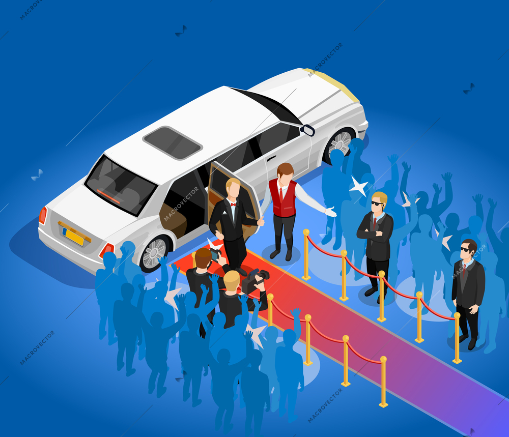 Music award night ceremony celebrity arriving scene with limousin red carpet and paparazzi isometric poster vector illustration