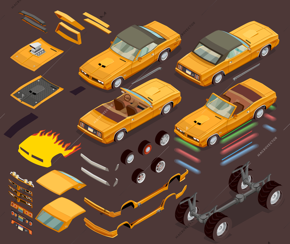 Performance car engine tuning styling parts equipment and accessories isometric set garage and webshop advertisement vector illustration