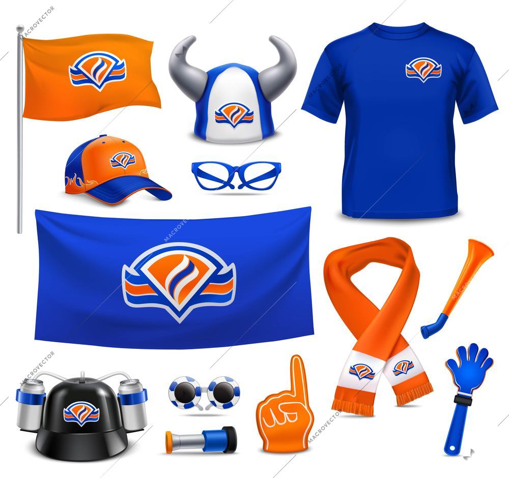 National sport team supporters realistic accessories collection in royal dutch colors with hat flag scarf vector illustration