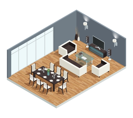 Dining room isometric conept with TV table and chairs vector illustration