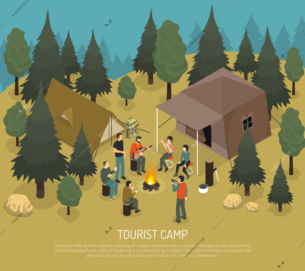 Tourist camp in forest with tents log with axe people near bonfire in summertime isometric vector illustration