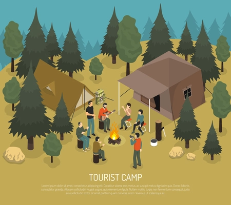 Tourist camp in forest with tents log with axe people near bonfire in summertime isometric vector illustration