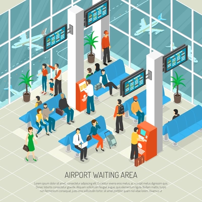 Airport waiting area with travelers and luggage information boards airplanes behind windows interior elements isometric vector illustration