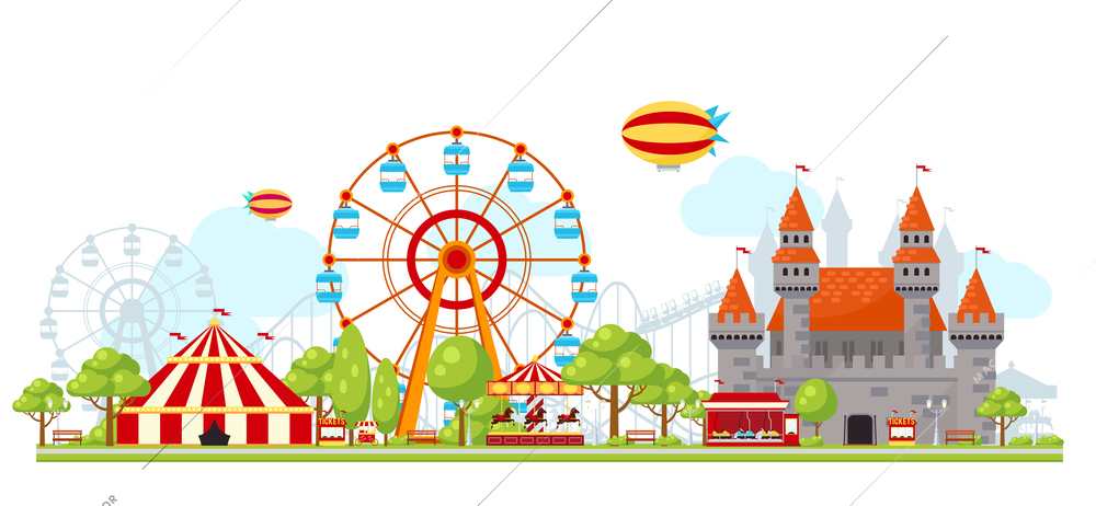 Colored amusement park composition with entertainment for children ferris wheel and castles vector illustration