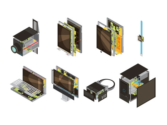 Colored gadgets scheme isometric icon set with computer reserve parts and microcircuit vector illustration