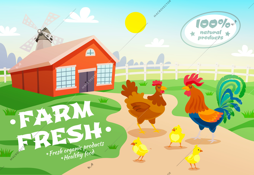 Poultry farm healthy organic food composition with flat suburban scenery hen house and group of chicken vector illustration