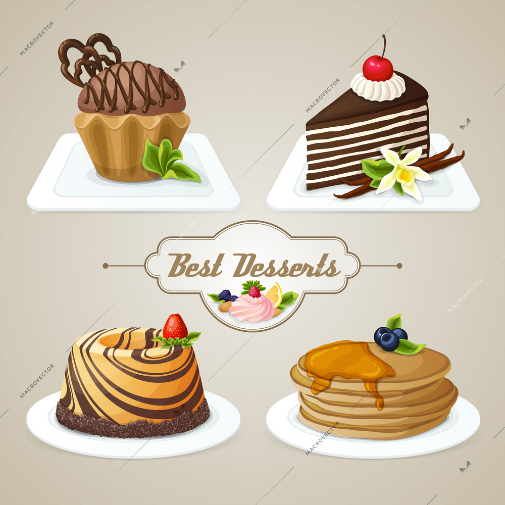 Decorative sweets food dessert set of muffin pan layered cake brioche vector illustration