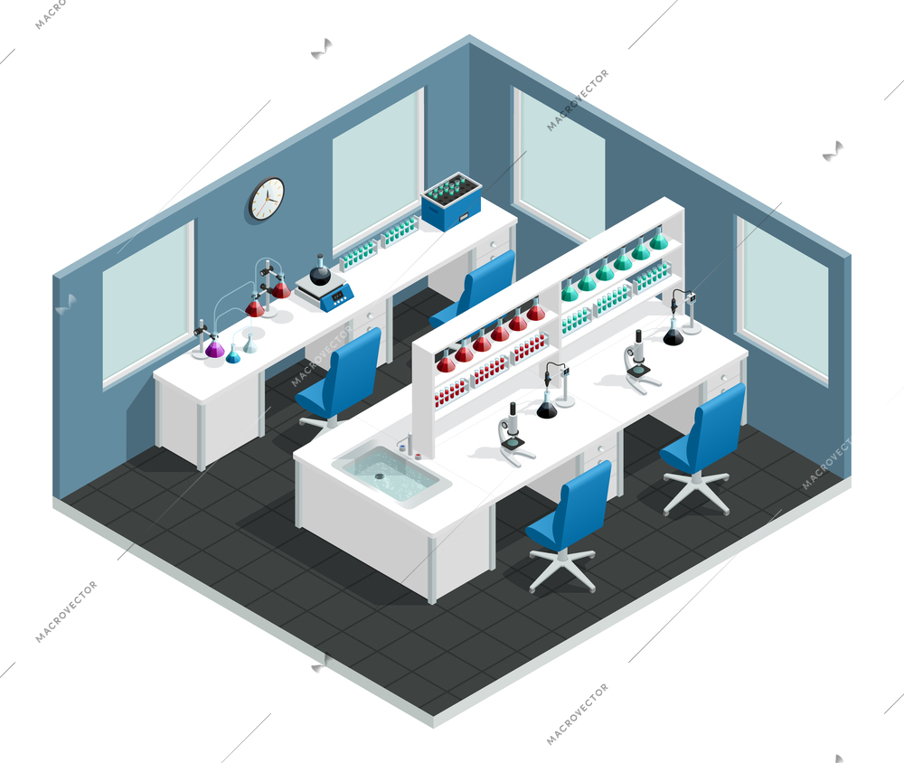 Scientific laboratory interior isometric  concept with desk to conduct the experiment and flask with chemical reagents vector illustration