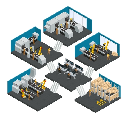 Electronics factory isometric multistory composition with staff working in highly technological robotic equipment vector illustration