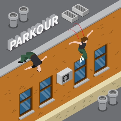 Parkour isometric design with man and girl in dark clothing jumping from roof of building vector illustration