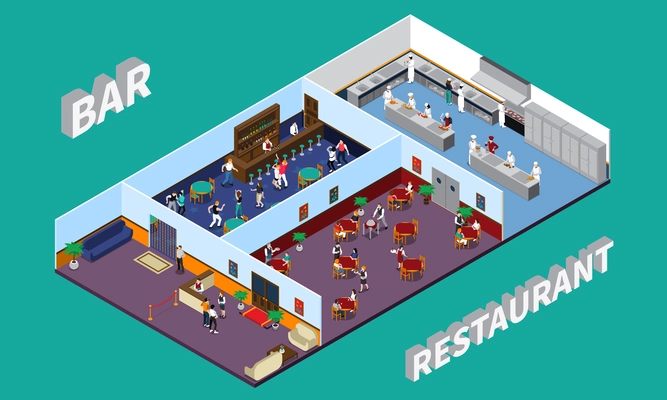 Bar restaurant isometric design with staff and clients hall kitchen interior elements on green background vector illustration