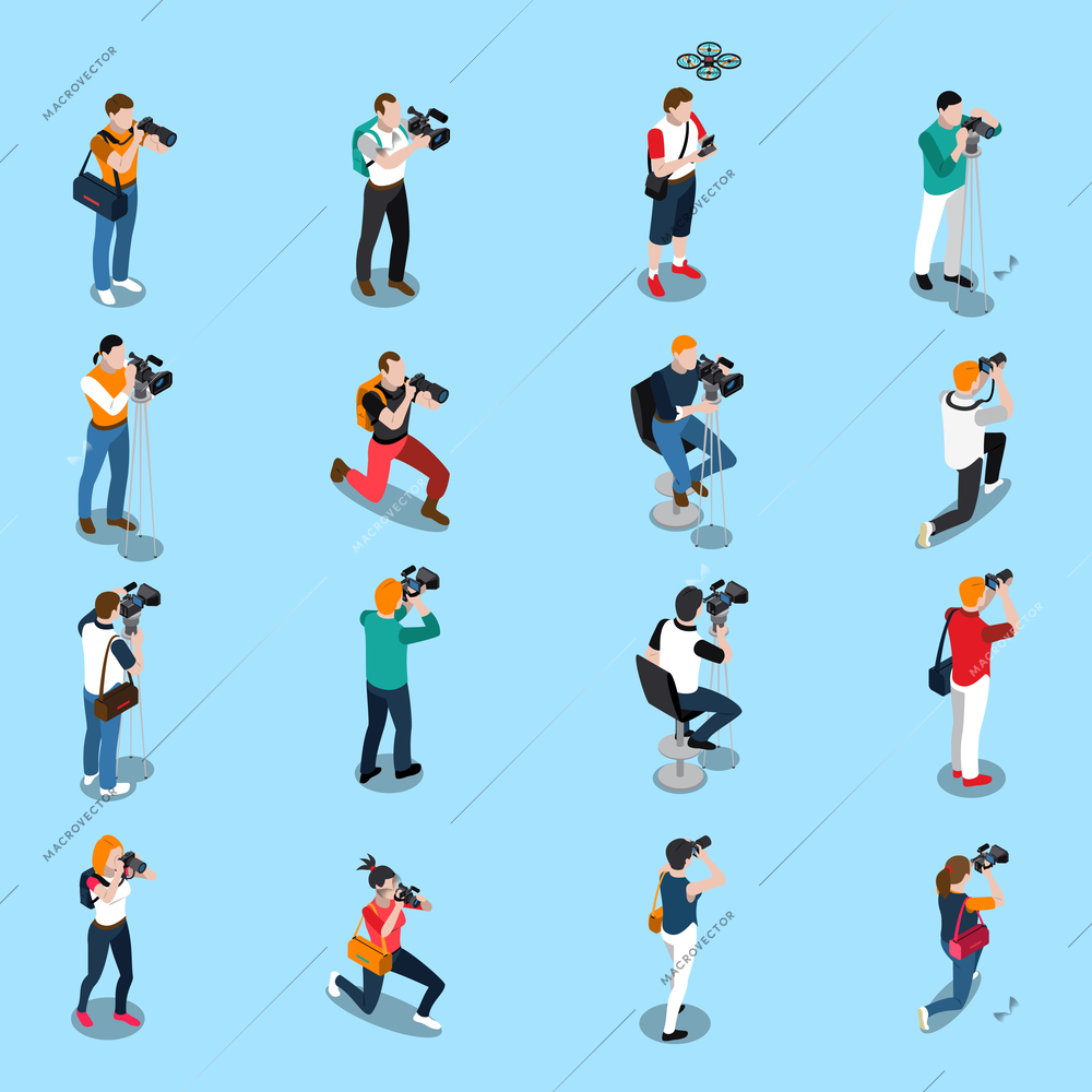 Isometric set with photographers and cameramen in various poses with equipment on blue background isolated vector illustration