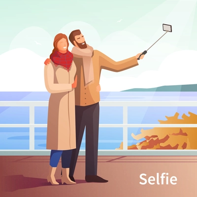 Dating selfie photo modern people lifestyle composition with lovers couple going for a walk near river vector illustration