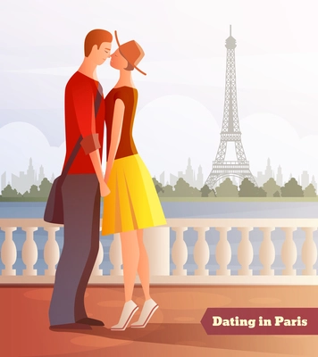 Romantic dinner dating couples flat composition with human characters on river bank and Eiffel tower view vector illustration