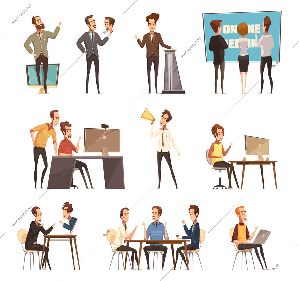 Online meeting icons set with laptop and people cartoon isolated vector illustration