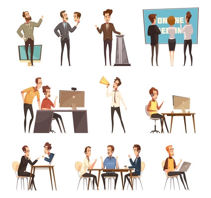 Online meeting icons set with laptop and people cartoon isolated vector illustration