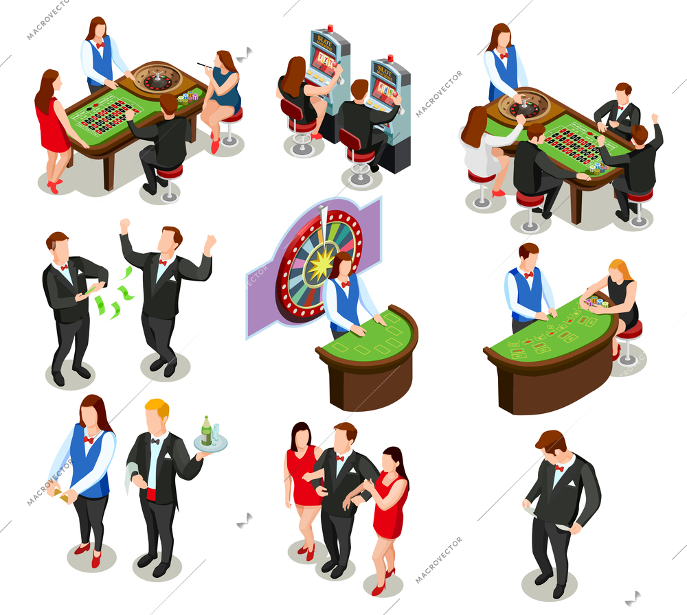 Casino isometric colored decorative icons with croupier and gamers playing roulette poker and slot machine isolated vector illustration