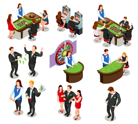 Casino isometric colored decorative icons with croupier and gamers playing roulette poker and slot machine isolated vector illustration