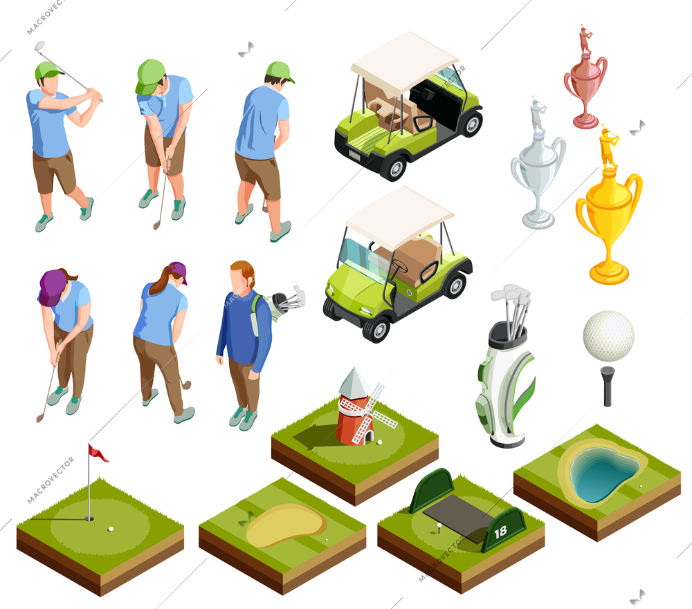 Golf colored isometric decorative icons set of  tournament prize cabriolet course areas golfers putters isolated vector illustration