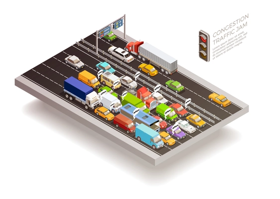 Traffic jam isometric top view design concept with stoplight cars and trucks on multilane roadway vector illustration