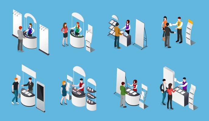 Isometric set of promotional stands and people with products and handout on blue background isolated vector illustration