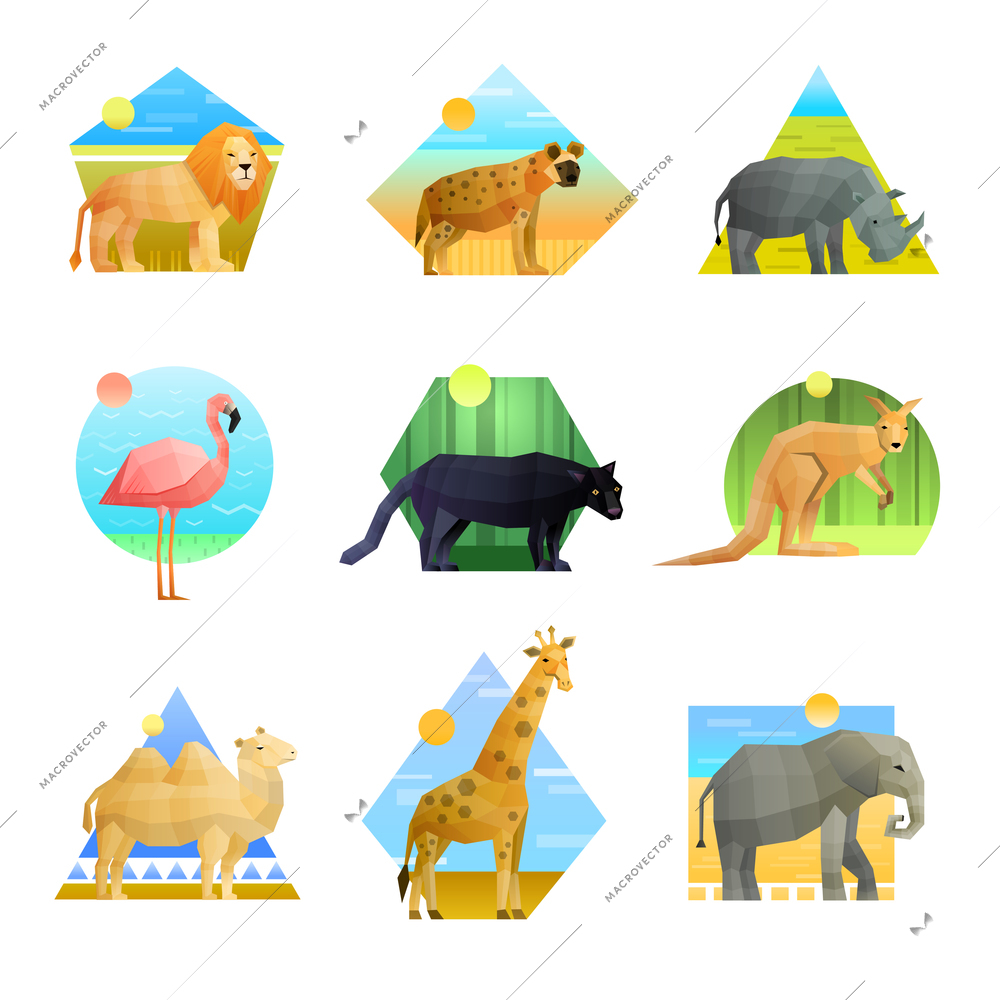 Polygonal set of patterned emblem of different shape with african animals and birds isolated on white background vector illustration