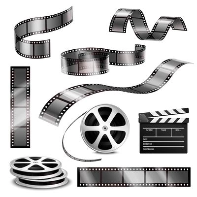 Realistic clapper blank photographic strips and film reels 3d monochrome set on white background isolated vector illustration