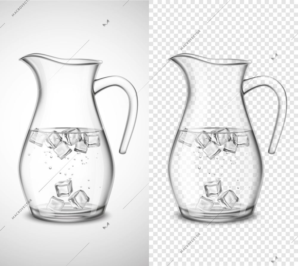 Glass jug with water ice cubes and bubbles on white and transparent background isolated vector illustration