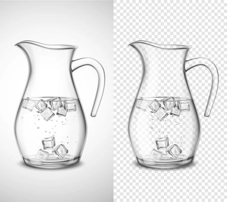 Glass jug with water ice cubes and bubbles on white and transparent background isolated vector illustration