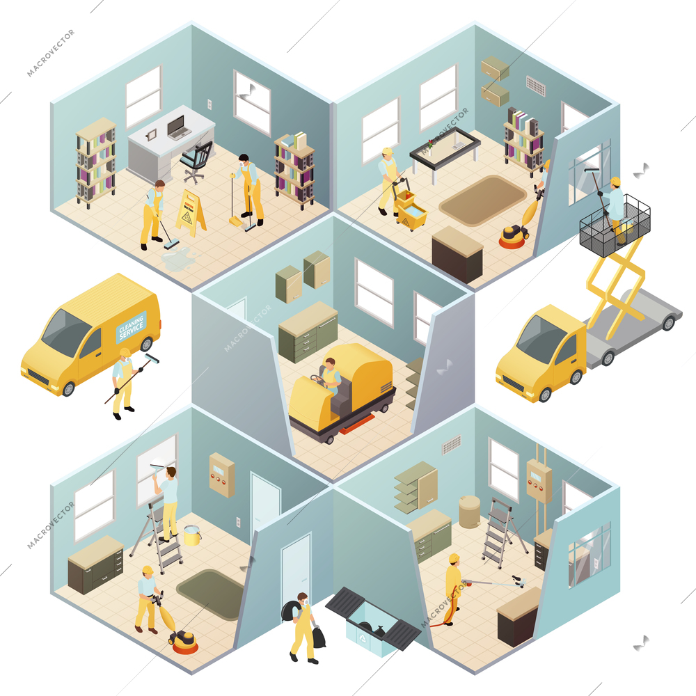 Isometric industrial cleaning colored composition with different rooms walls and cleaning work vector illustration