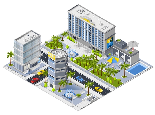 Luxury hotel buildings isometric design concept with south urban landscape and city transport vector illustration