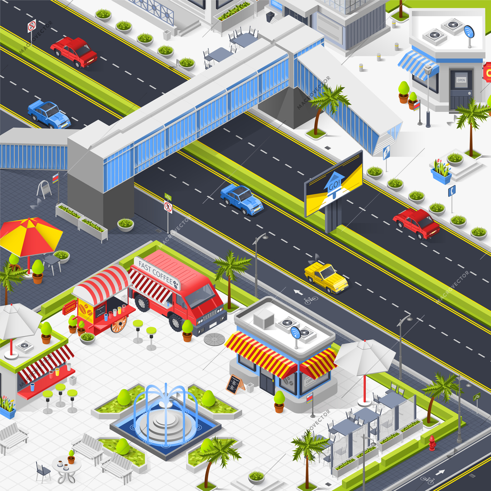 Street cafe in town square isometric composition with fountain outdoor tables fast food tents and trucks vector illustration