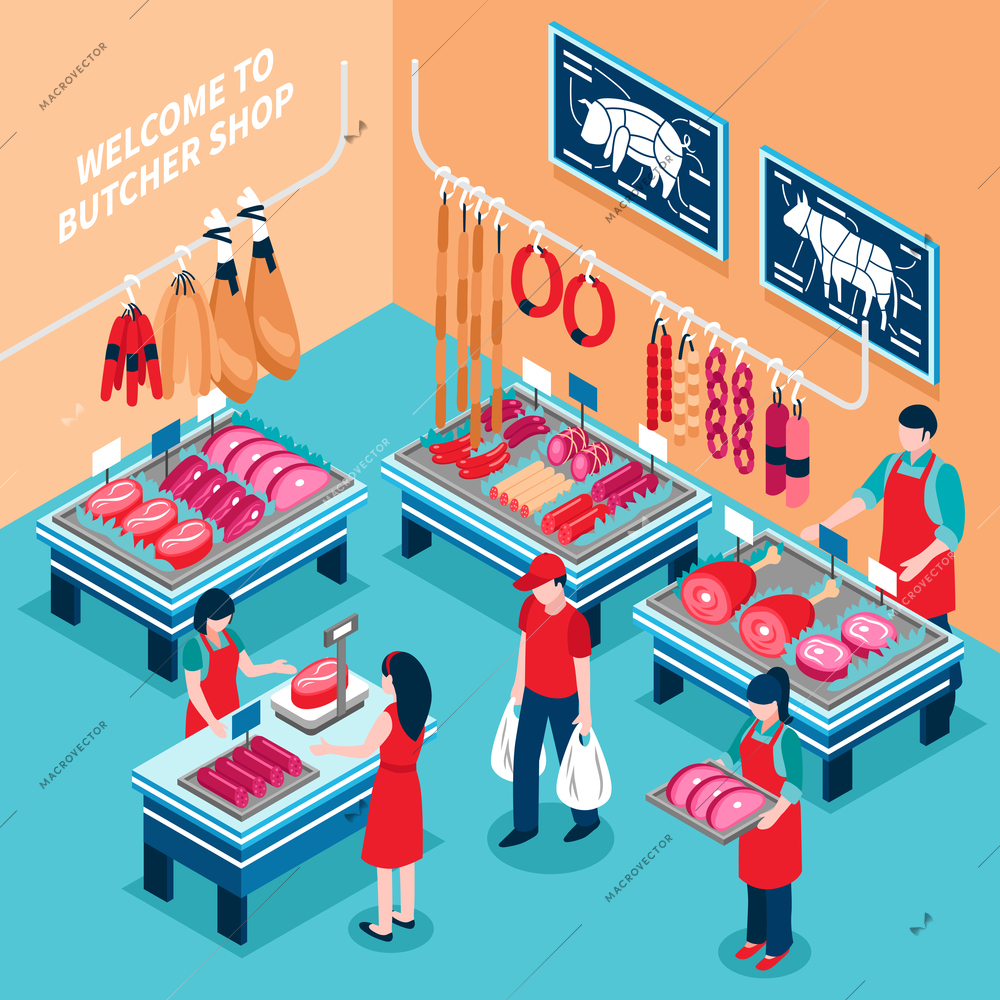 Butcher shop inside isometric design including desks with meat products and prices sellers and customers vector illustration