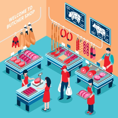 Butcher shop inside isometric design including desks with meat products and prices sellers and customers vector illustration