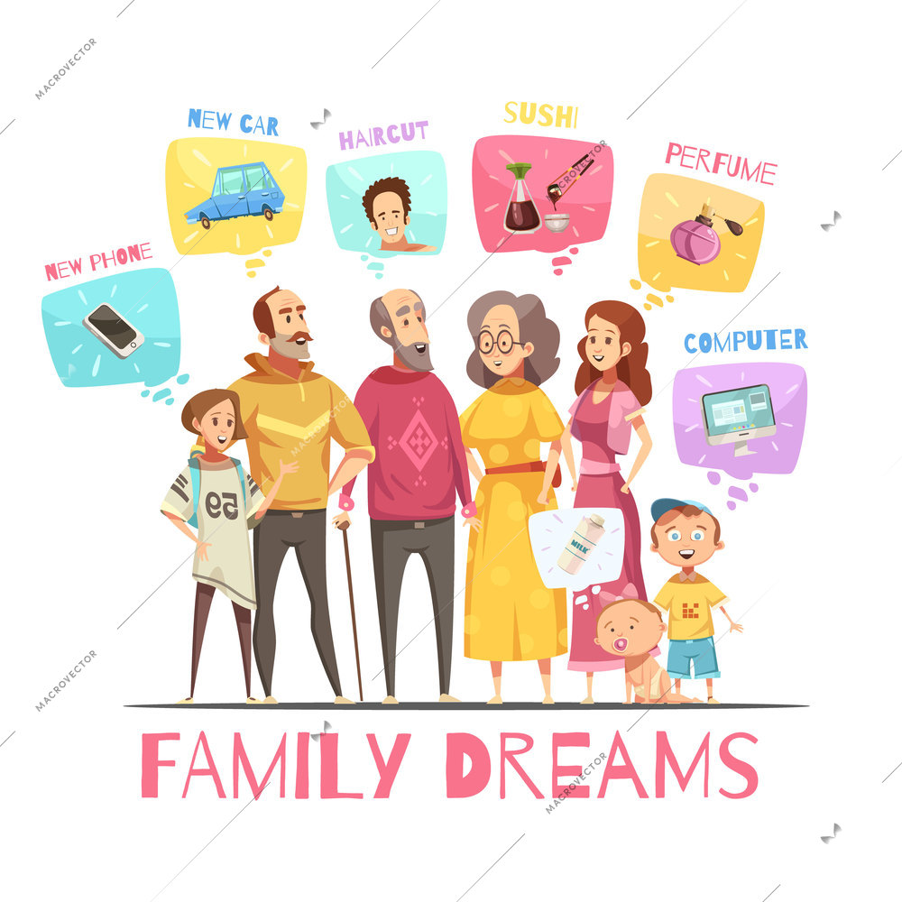 Family dreaming design concept with icons of big family members and their dreams decorative images flat cartoon vector illustration