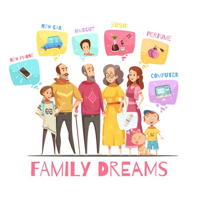 Family dreaming design concept with icons of big family members and their dreams decorative images flat cartoon vector illustration