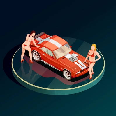 Auto show car showroom composition with circle podium and two female models topless near sports car vector illustration