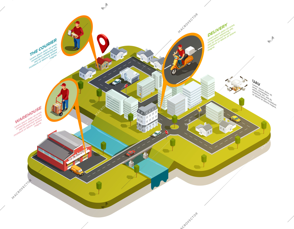 Delivery isometric concept with residential district with warehouse and courier delivery motorcyclist spots with uav drone vector illustration
