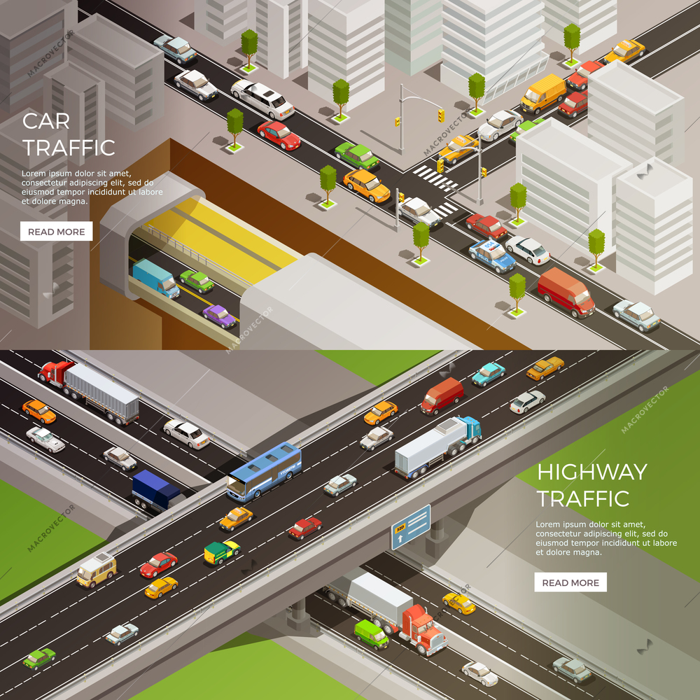 Road elements isometric banners set with urban scenery highway and car images with read more button vector illustration