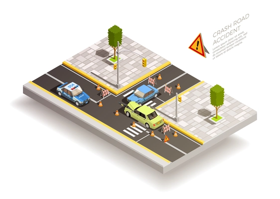 Crash road accident isometric composition with two broken cars after collision with traffic cones and signs vector illustration