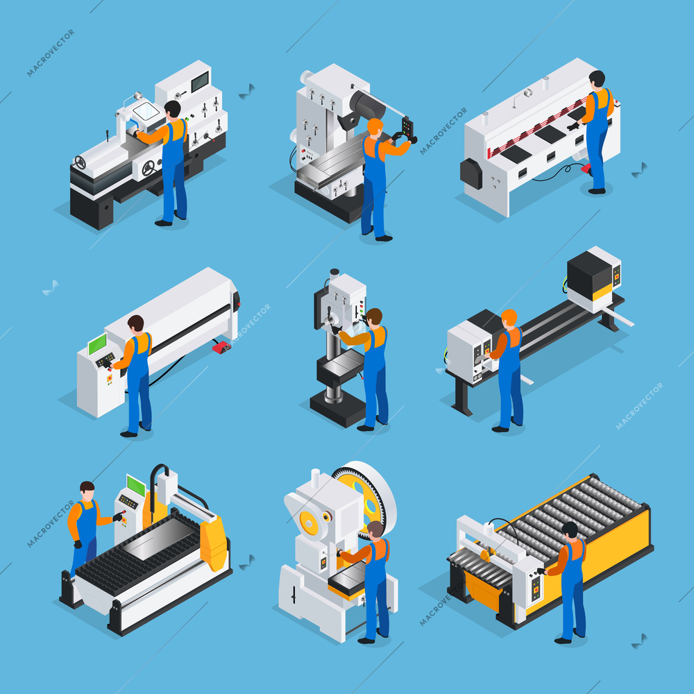 Metalworking people isometric set with factory worker characters and isometric images of industrial metal-working machinery vector illustration