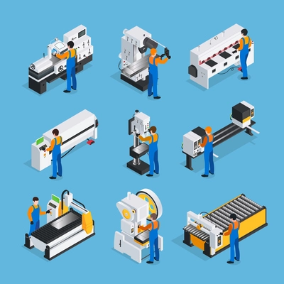 Metalworking people isometric set with factory worker characters and isometric images of industrial metal-working machinery vector illustration