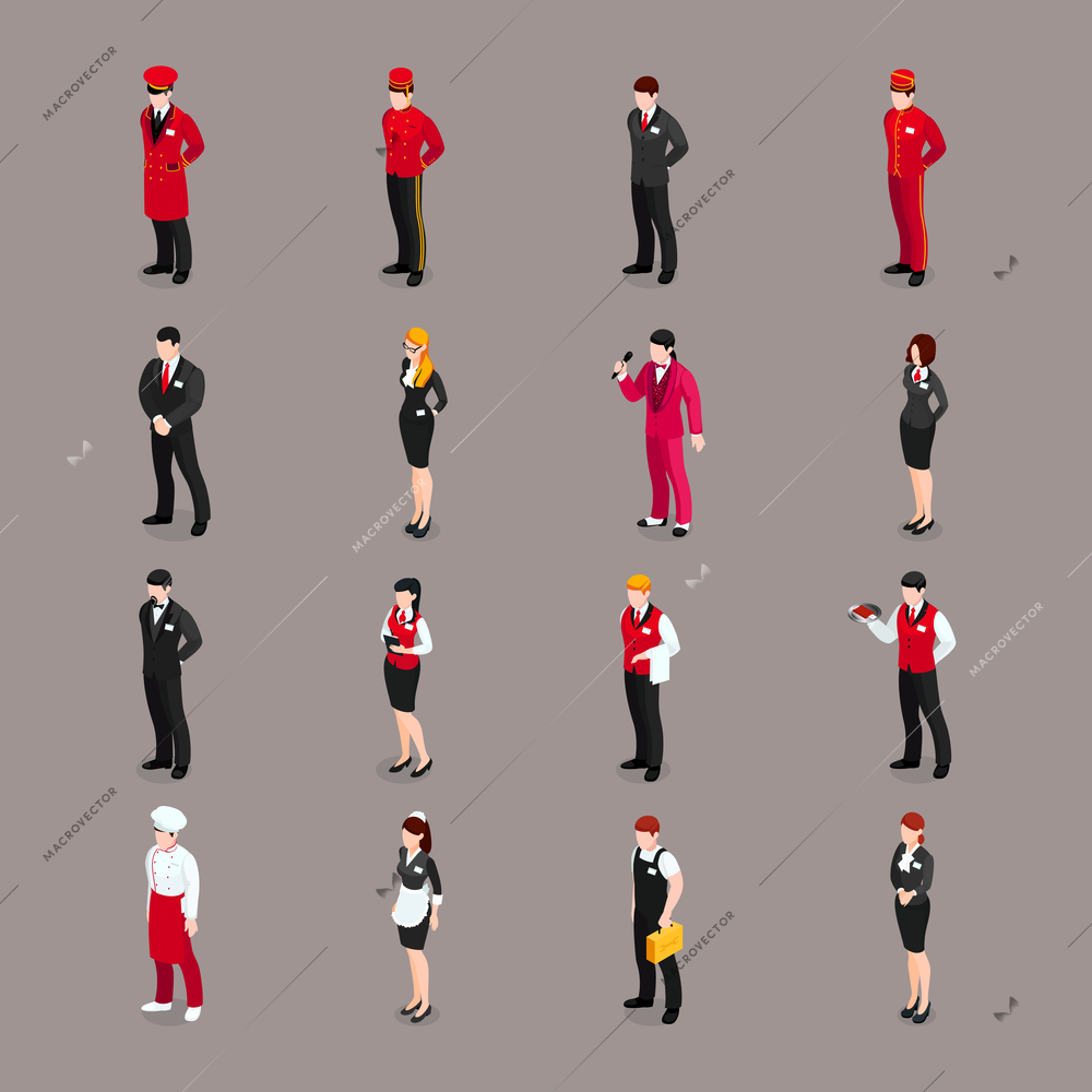 Valet set of isolated hotel employee characters bell attendants waiters receptionists and chambermaid in appropriate uniform vector illustration