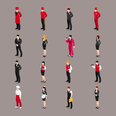 Valet set of isolated hotel employee characters bell attendants waiters receptionists and chambermaid in appropriate uniform vector illustration