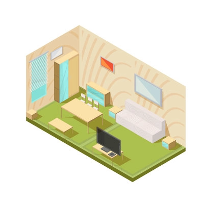 Furniture composition with isometric living room interior tv set window tables wardrobe sofa and bedside tables vector illustration