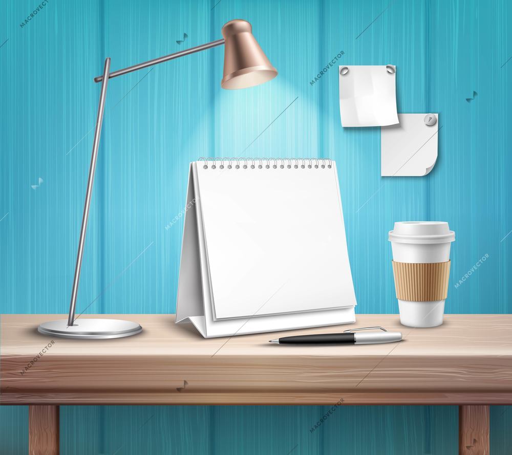 Blank table calendar lamp pen and cup on wooden desk on blue wall background 3d vector illustration