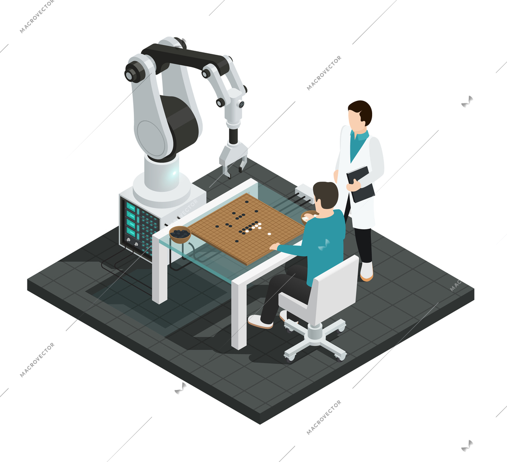 Realistic artificial intelligence isometric colored composition with robot against human vector illustration