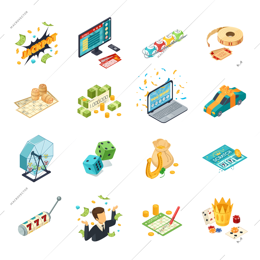 Lottery isometric icons set with jackpot symbols  isolated vector illustration
