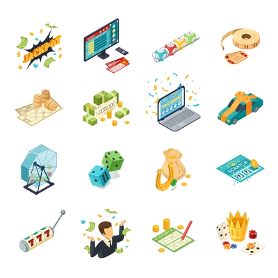 Lottery isometric icons set with jackpot symbols  isolated vector illustration